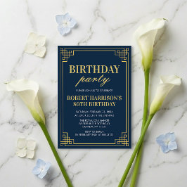 Invitación Navy Gold Art Deco 80th Birthday Party Invitation