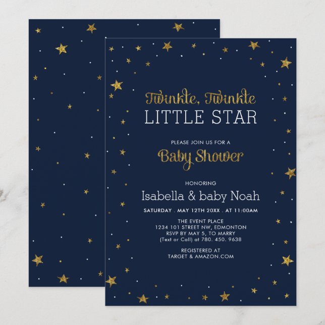 Invitación Navy & Gold | Baby Shower de Twinkle Little Star (Anverso / Reverso)