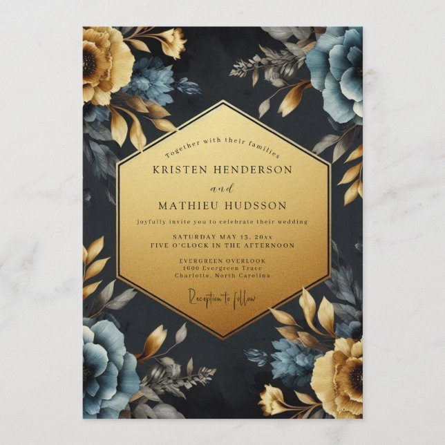 Invitación Navy Gold Baroque Bloom Wedding (Anverso)