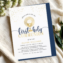 Invitación Navy & Gold Boy First Holy Communion