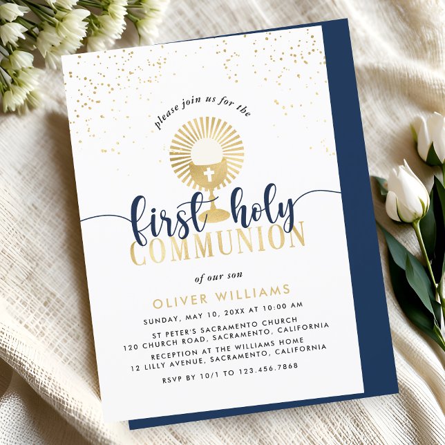Invitación Navy & Gold Boy First Holy Communion (Subido por el creador)