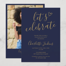 Invitación Navy Gold Celebrate Script Foto Fiesta de Graduaci