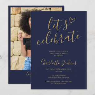 Invitación Navy Gold Celebrate Script Foto Fiesta de Graduaci