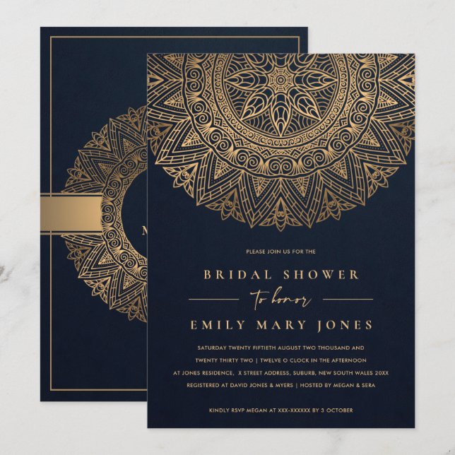 INVITACIÓN NAVY GOLD CLASSIC ORNATE MANDALA BRIDAL SHOWER (Anverso / Reverso)