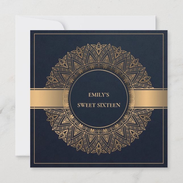INVITACIÓN NAVY GOLD CLASSIC ORNATE MANDALA DULCE 16 CUMPLEAÑ (Reverso)