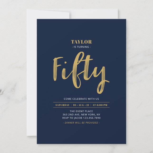 Invitación Navy & Gold Cumpleaños Simple Cincuenta 50 Fiesta  (Anverso)