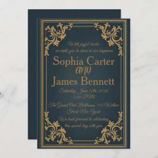 Invitación Navy Gold Elegant Formal Wedding Invitation