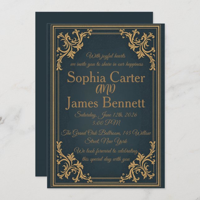 Invitación Navy Gold Elegant Formal Wedding Invitation (Anverso / Reverso)
