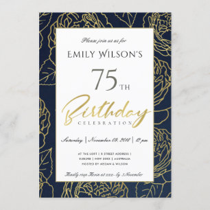 INVITACIÓN NAVY GOLD ELEGANT ROSA FLORAL CUALQUIER CUMPLEAÑOS