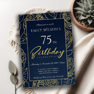 INVITACIÓN NAVY GOLD ELEGANT ROSA FLORAL CUALQUIER CUMPLEAÑOS