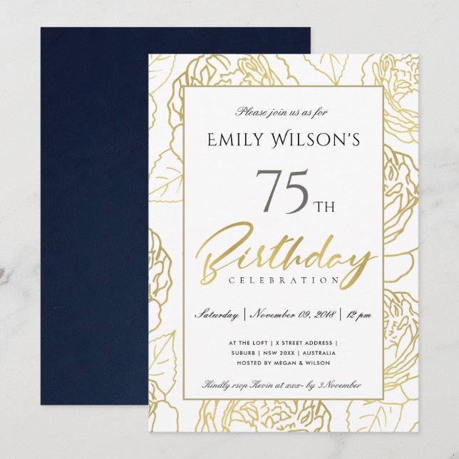 INVITACIÓN NAVY GOLD ELEGANT ROSA FLORAL CUALQUIER CUMPLEAÑOS (Anverso / Reverso)