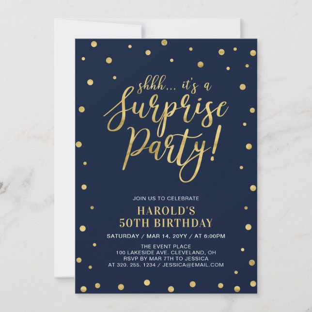 Invitación Navy & Gold | Fiesta de Cumpleaños Sorpresa de Adu (Anverso)