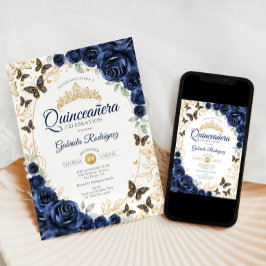 Invitación Navy Gold Floral Quinceanera