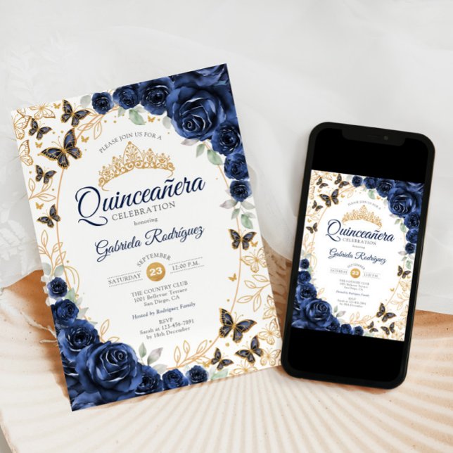 Invitación Navy Gold Floral Quinceanera (Subido por el creador)