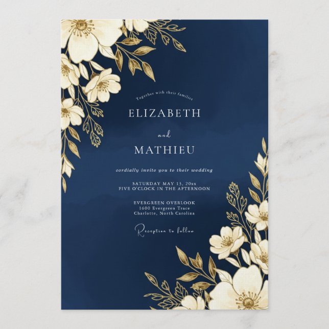 Invitación Navy Gold Floral Romance Wedding (Anverso)