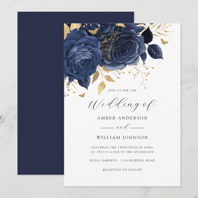 Invitación Navy Gold Floral Rose Wedding   (Anverso / Reverso)