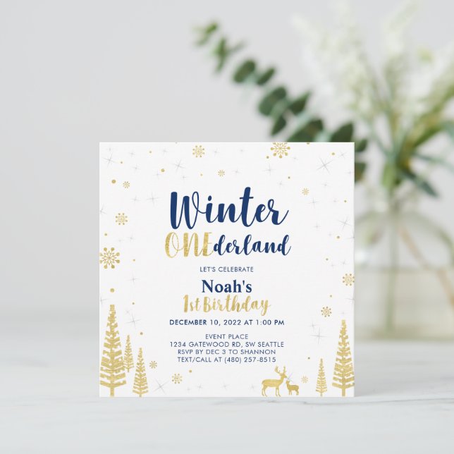 Invitación Navy & Gold Invierno Onederland Cumpleaños Primero (Anverso de pie)