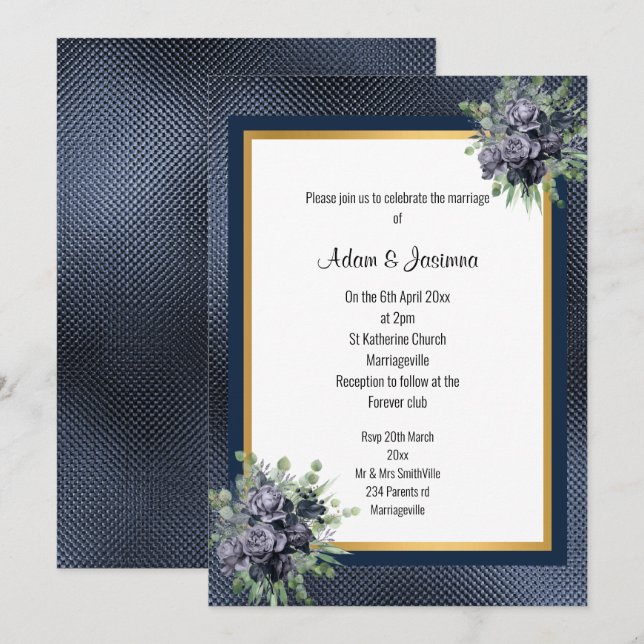 INVITACIÓN NAVY GOLD LAYERED BODA FLORAL GRABADO EN RELIEVE (Anverso / Reverso)