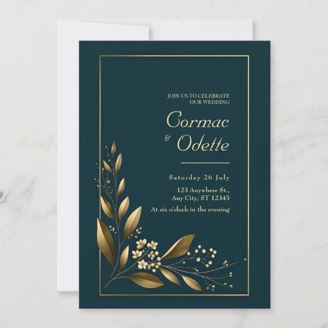 Invitación Navy Gold Leaf Botanical Wedding (Anverso)