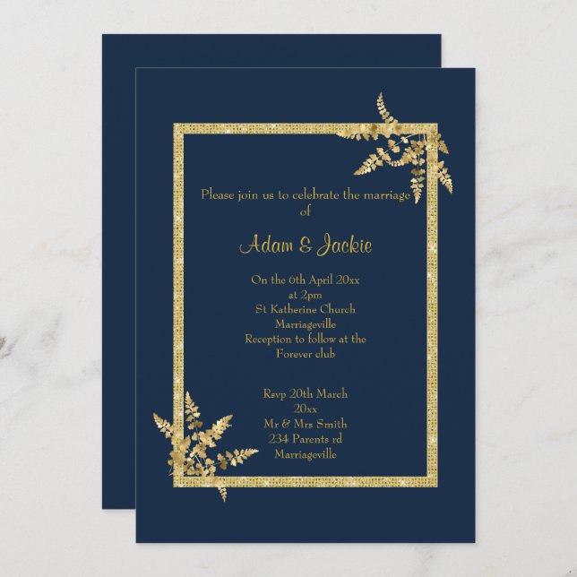 INVITACIÓN NAVY GOLD LEAF ELEGANT WEDDING (Anverso / Reverso)