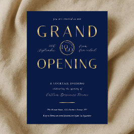 Invitación Navy & Gold Logo Business Grand Opening Corporate