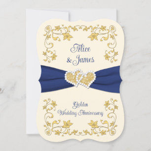 Invitación Navy, Gold Love Hearts 50 Aniversario del Boda