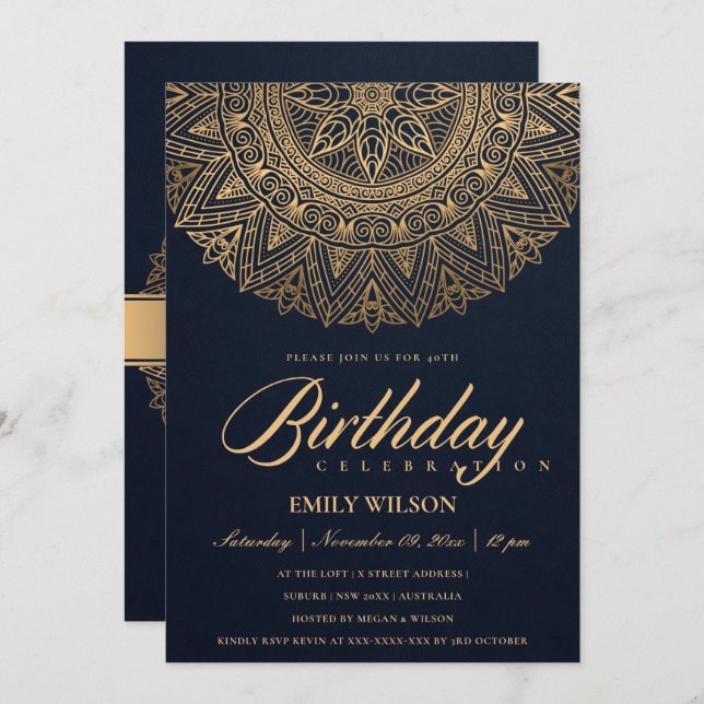 INVITACIÓN NAVY GOLD MANDALA CUALQUIER AÑO 40 FIESTA DE CUMPL (Anverso / Reverso)
