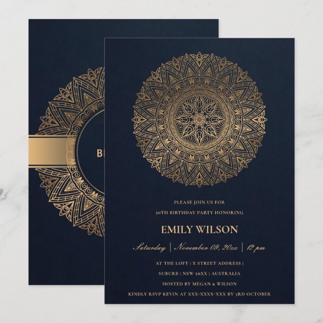 INVITACIÓN NAVY GOLD MANDALA CUALQUIER AÑO 50 PARTIDO DE CUMP (Anverso / Reverso)