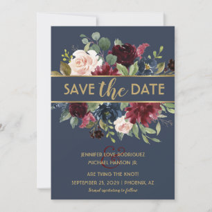 Invitación Navy Gold Merlot Florales Save the Date