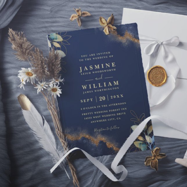 Invitación Navy Gold Modern Elegant Chic QR Code Wedding (Subido por el creador)
