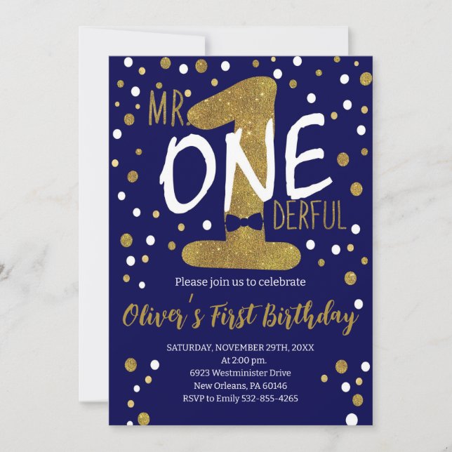 Invitación Navy & Gold, Mr.Onederful Birthday, Polka Dots (Anverso)