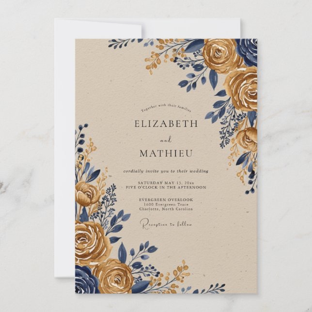 Invitación Navy Gold Ornate Rustic Wedding (Anverso)
