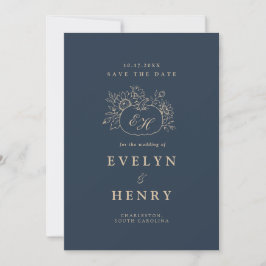 Invitación Navy Gold Otoño Monograma Save the Date