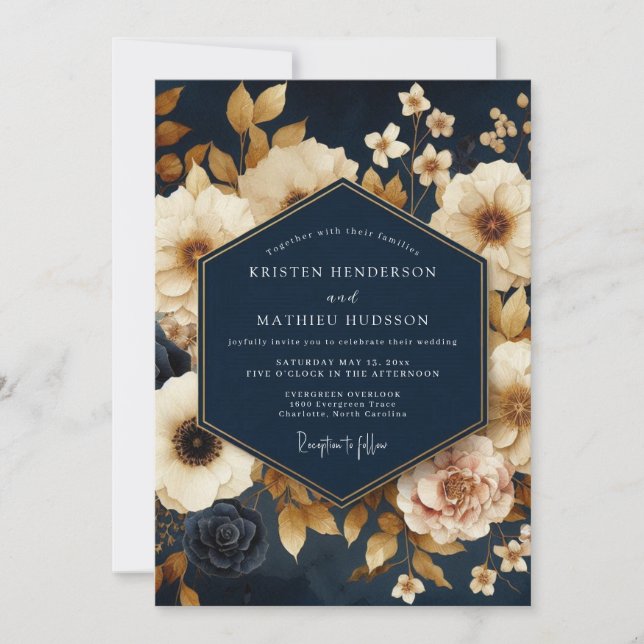 Invitación Navy Gold Painterly Bloom Wedding (Anverso)