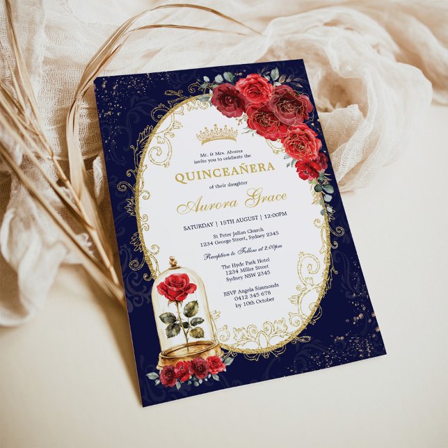 Invitación Navy Gold Quinceañera Enchanted Red Roses Party (Subido por el creador)