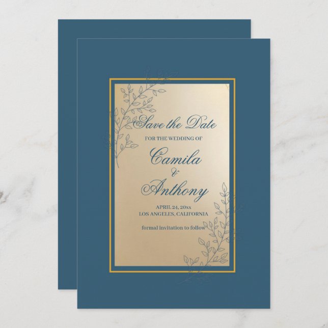 Invitación Navy Gold Rectangle Floral Boho Guardar la Fecha (Anverso / Reverso)