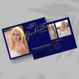 Invitación Navy Gold Script Multi Photo Graduation Party Invi
