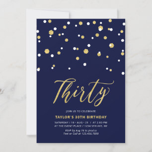 Invitación Navy & Gold Simple Treinta y Treinta Fiestas de cu