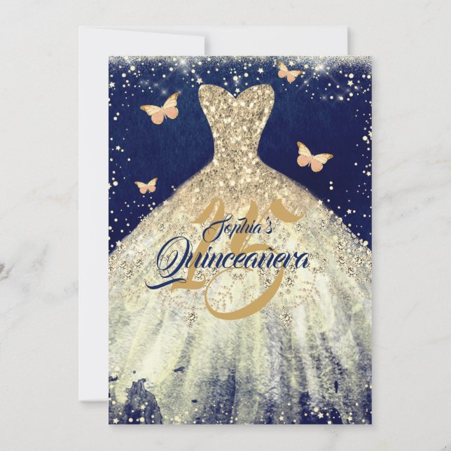 Invitación Navy Gold Sparkle Butterfly Vestido Quinceanera (Reverso)