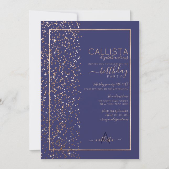 Invitación Navy Gold Sparkly Purpurina Confetti Side Cumpleañ (Anverso)