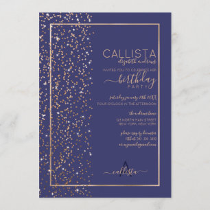 Invitación Navy Gold Sparkly Purpurina Confetti Side Cumpleañ