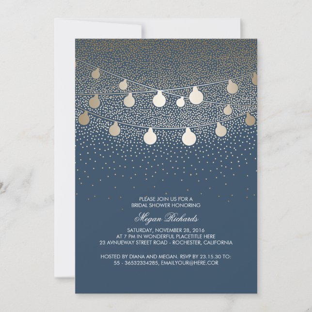 Invitación Navy Gold String ilumina la vieja ducha de novia (Anverso)