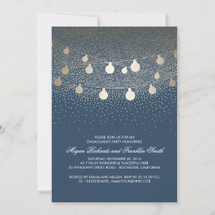Invitación Navy Gold String Lights Vintage Engagement Party