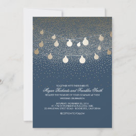 Invitación Navy Gold String Luces Purpurina Boda Vintage
