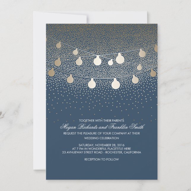 Invitación Navy Gold String Luces Purpurina Boda Vintage (Anverso)