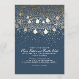 Invitación Navy Gold String Luces Purpurina Boda Vintage