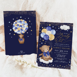 Invitación Navy Gold Teddy Bear Balloons Boy Baby Shower