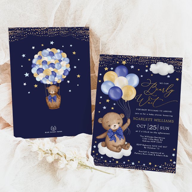 Invitación Navy Gold Teddy Bear Balloons Boy Baby Shower (Subido por el creador)