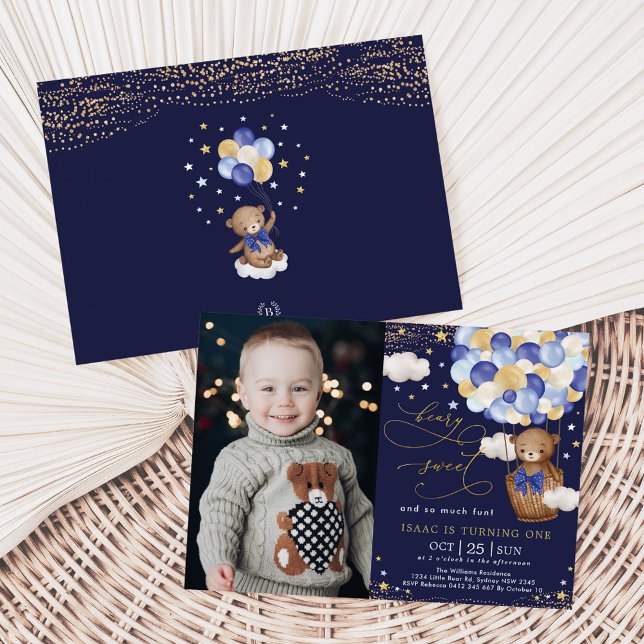 Invitación Navy Gold Teddy Oso Balón de aire caliente 1º cump (Subido por el creador)