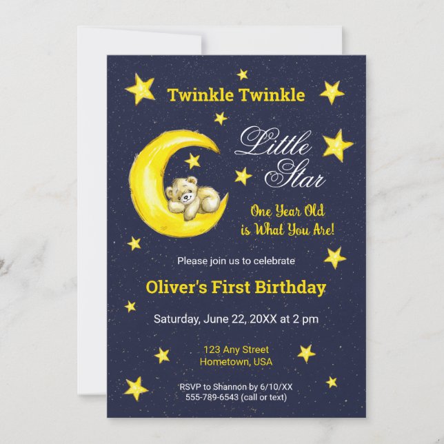 Invitación Navy Gold Twinkle Little Star Moon 1er cumpleaños (Anverso)